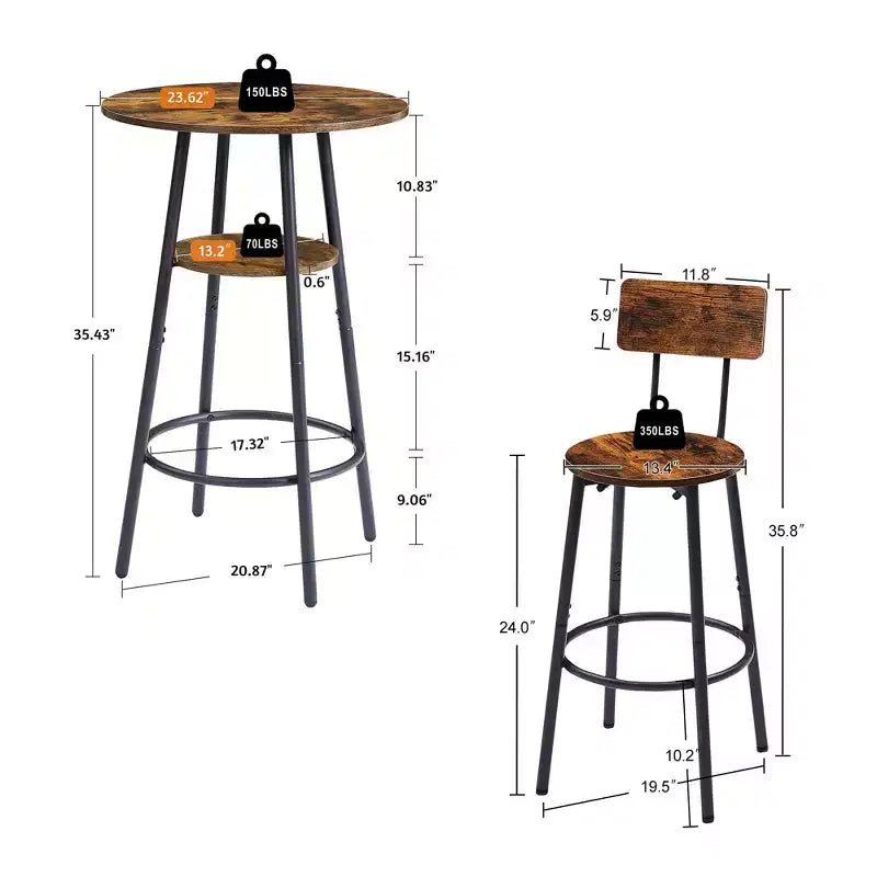Ensemble de tabourets de bar ronds avec étagères, tabourets rustiques avec dossier pour bar et cuisine