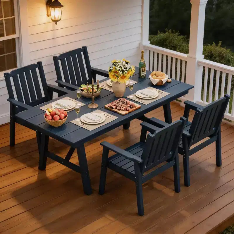 Ensemble de salle à manger extérieur 5 pièces pour 4 personnes, mobilier de patio en PEHD toutes saisons avec trou pour parasol, chaises sans accoudoirs modernes pour jardin et terrasse