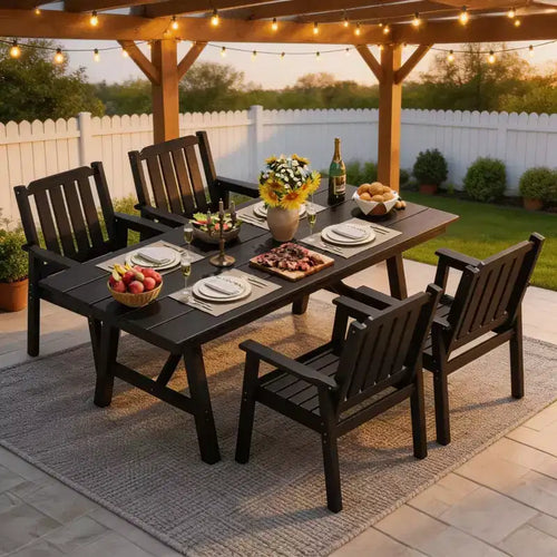Ensemble de salle à manger extérieur 5 pièces pour 4 personnes, mobilier de patio en PEHD toutes saisons avec trou pour parasol, chaises sans accoudoirs modernes pour jardin et terrasse