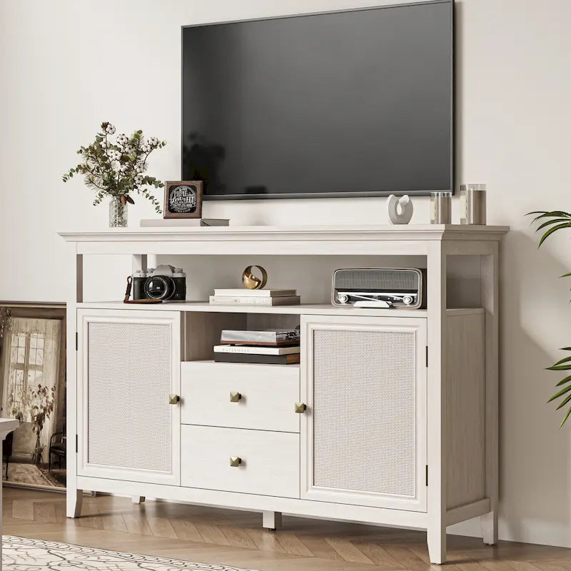 Credenza in Rattan da 134 cm, Mobile Contenitore Boho-Chic in Stile Rustico con Ripiani Regolabili, Credenza da Cucina Multifunzione