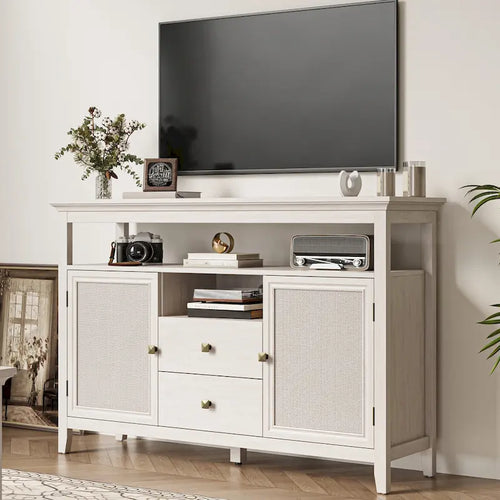52.8 Rattan Sideboard, Boho Farmhouse Storage Cabinet with Adjustable Shelves, Accent Buffet Cabinet for Kitchen