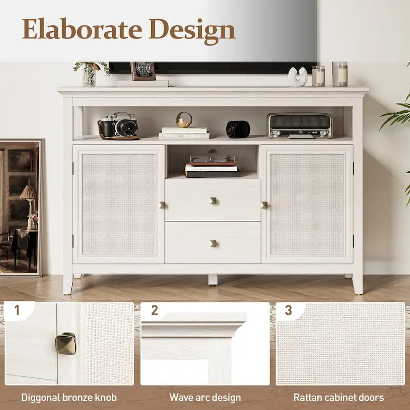 Credenza in Rattan da 134 cm, Mobile Contenitore Boho-Chic in Stile Rustico con Ripiani Regolabili, Credenza da Cucina Multifunzione