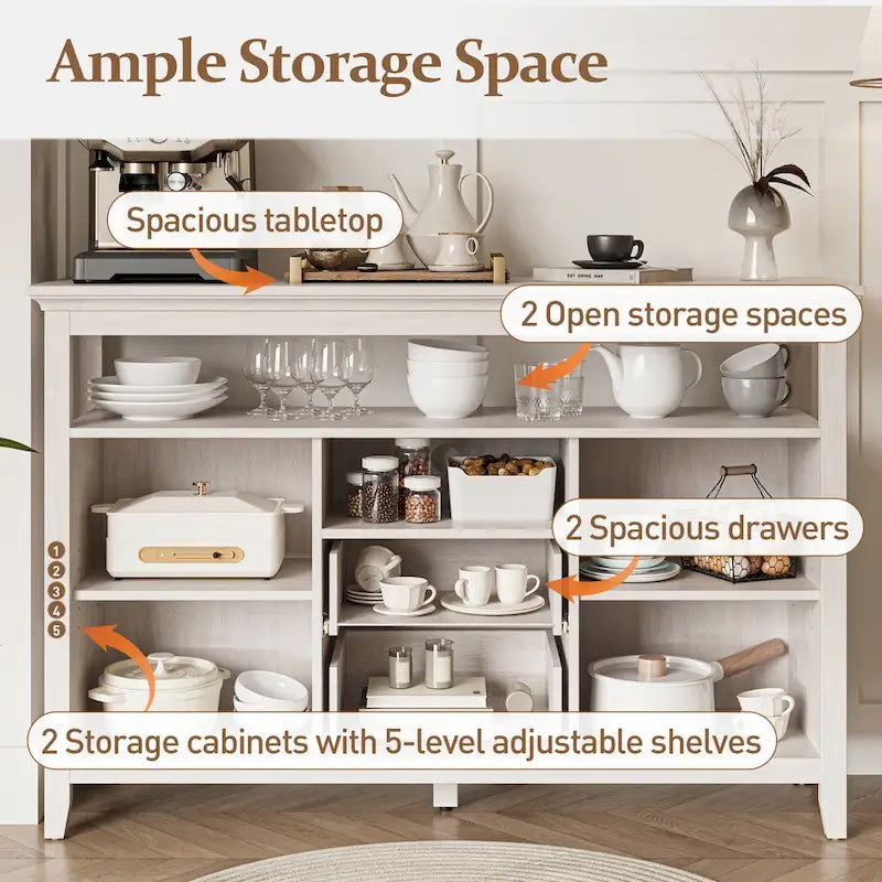 Credenza in Rattan da 134 cm, Mobile Contenitore Boho-Chic in Stile Rustico con Ripiani Regolabili, Credenza da Cucina Multifunzione
