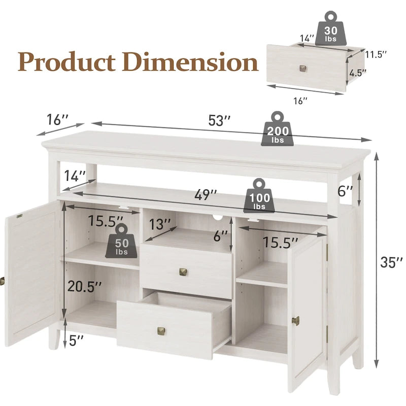 Credenza in Rattan da 134 cm, Mobile Contenitore Boho-Chic in Stile Rustico con Ripiani Regolabili, Credenza da Cucina Multifunzione