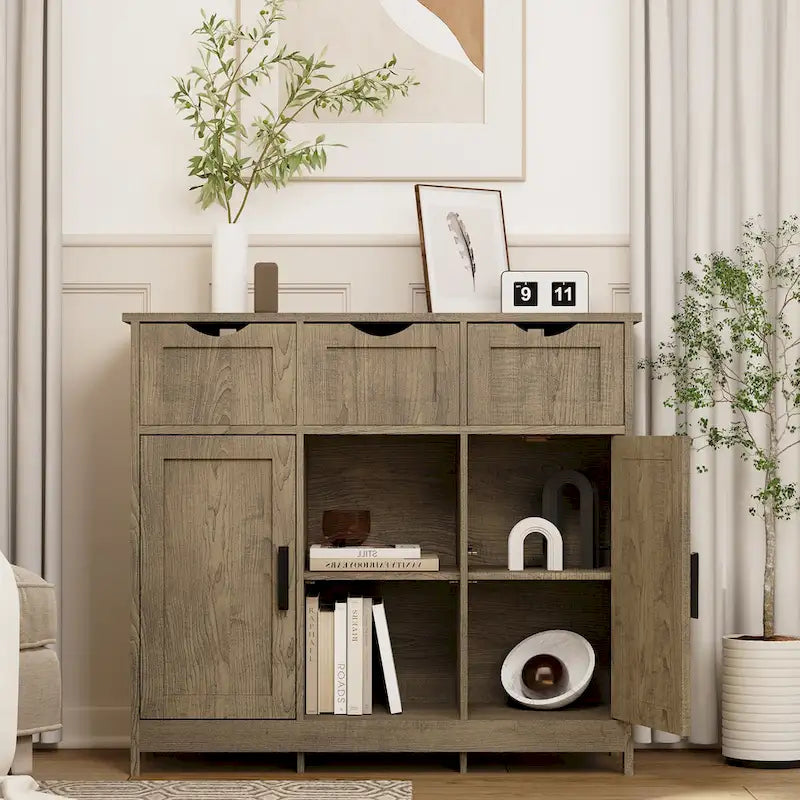 Mobili contenitore, Mobiletto da terra in legno, con cassetti e ripiani, Mobile ausiliario per soggiorno, camera da letto