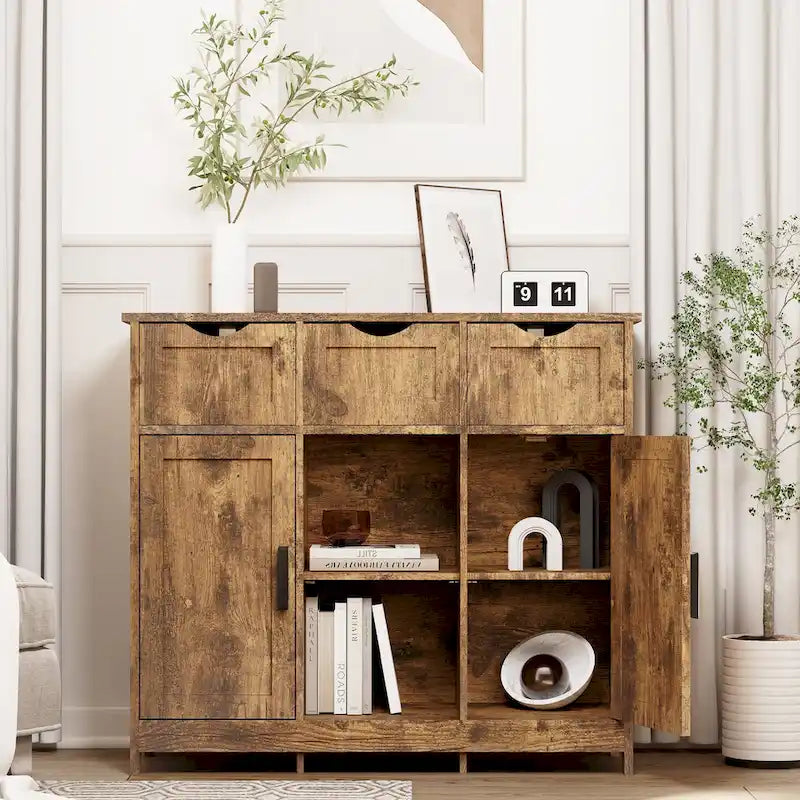 Mobili contenitore, Mobiletto da terra in legno, con cassetti e ripiani, Mobile ausiliario per soggiorno, camera da letto
