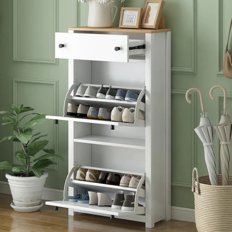 Organizzatore funzionale per l'ingresso con 2 ante a ribalta, Scarpiera con cassetto e piano effetto legno