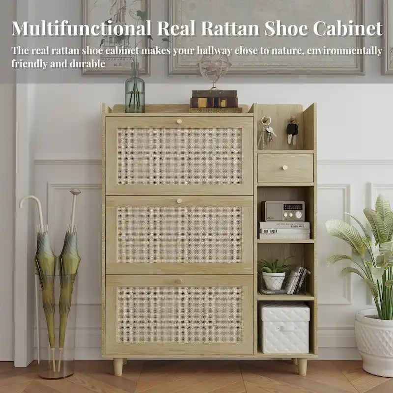 Scarpiera in stile bohémien, Scarpiera con 3 cassetti a ribalta in rattan, 3 ripiani quadrati e 1 cassetto portaoggetti