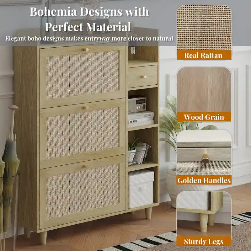 Scarpiera in stile bohémien, Scarpiera con 3 cassetti a ribalta in rattan, 3 ripiani quadrati e 1 cassetto portaoggetti