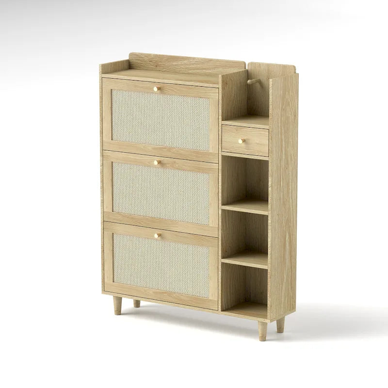 Scarpiera in stile bohémien, Scarpiera con 3 cassetti a ribalta in rattan, 3 ripiani quadrati e 1 cassetto portaoggetti