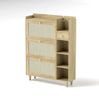 Scarpiera in stile bohémien, Scarpiera con 3 cassetti a ribalta in rattan, 3 ripiani quadrati e 1 cassetto portaoggetti