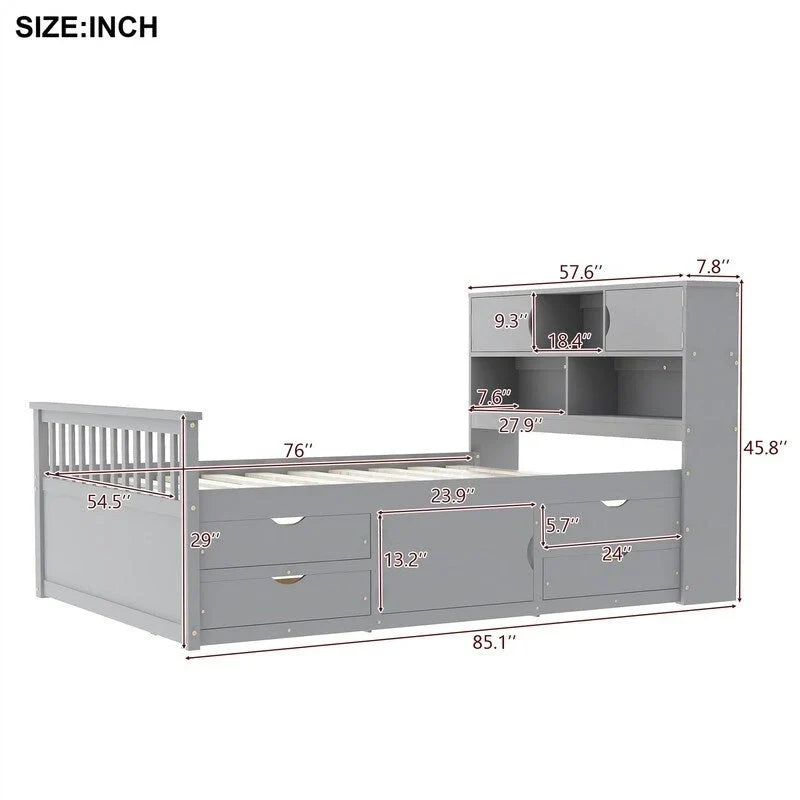 Letto a piattaforma Twin/Full Size Captain con 4 cassetti e mensole portaoggetti, struttura letto in legno massello con testiera libreria contenitore