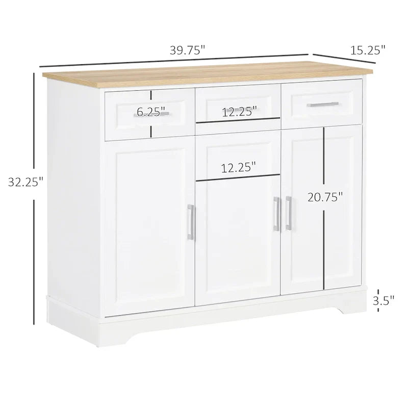 Credenza da Cucina Bianca con 3 Cassetti e Ripiano Regolabile