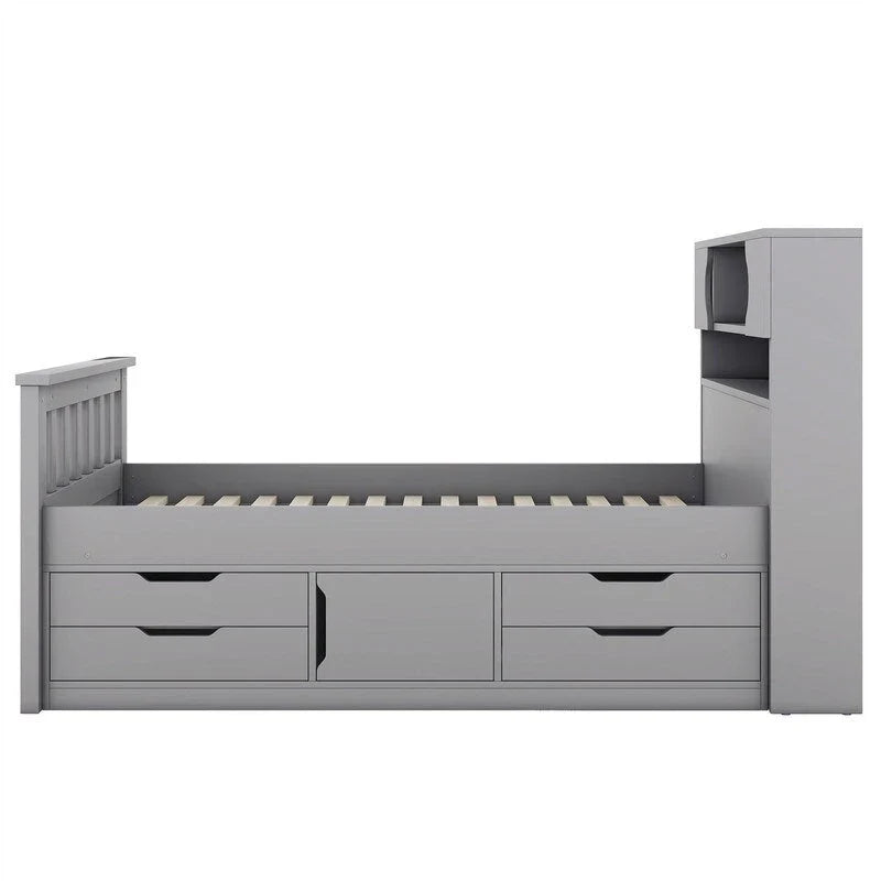 Letto a piattaforma Twin/Full Size Captain con 4 cassetti e mensole portaoggetti, struttura letto in legno massello con testiera libreria contenitore