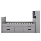 Letto a piattaforma Twin/Full Size Captain con 4 cassetti e mensole portaoggetti, struttura letto in legno massello con testiera libreria contenitore