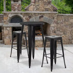 Ensemble table de bar ronde en métal de 24 po de qualité commerciale Flash Furniture pour l'intérieur et l'extérieur avec 2 tabourets sans dossier à assise carrée