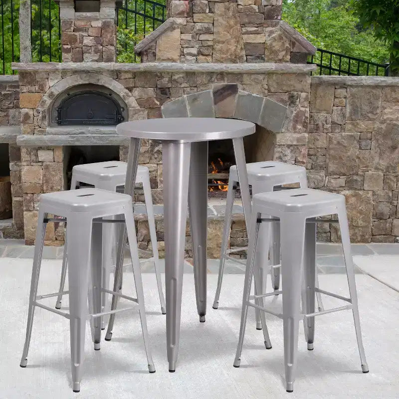 Flash Furniture Table de bar ronde 24" en métal de qualité commerciale pour l'intérieur et l'extérieur avec 4 tabourets carrés sans dossier