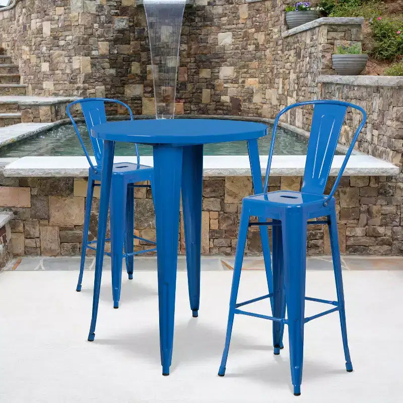 Ensemble table de bar ronde en métal de 76 cm de qualité commerciale Flash Furniture pour intérieur et extérieur avec 2 tabourets de café