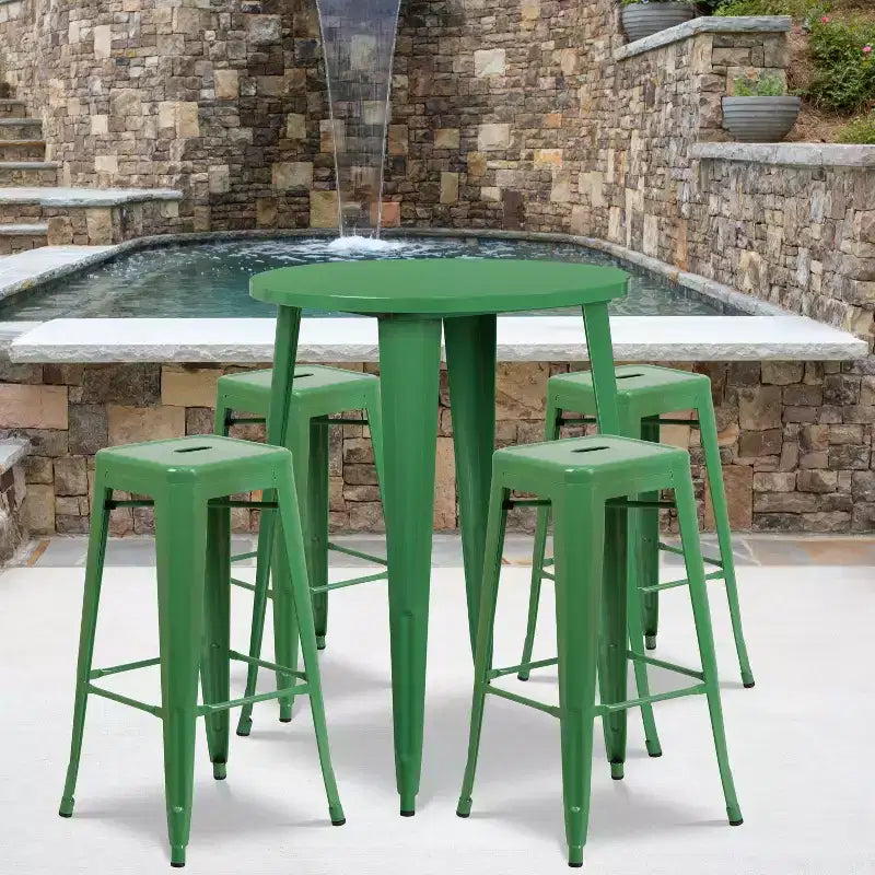 Flash Furniture Commercial Grade 30 Round Metal Indoor-Outdoor Bar Table Set with 4 Square Seat Backless Stools