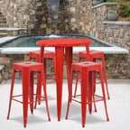 Flash Furniture Commercial Grade 30 Round Metal Indoor-Outdoor Bar Table Set with 4 Square Seat Backless Stools