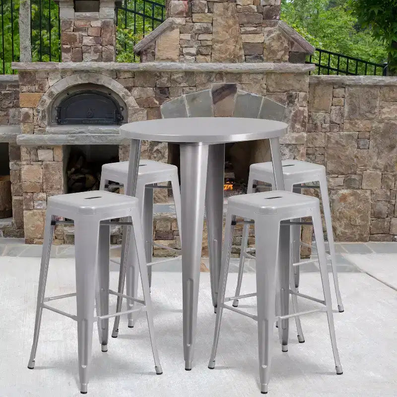 Flash Furniture Commercial Grade 30 Round Metal Indoor-Outdoor Bar Table Set with 4 Square Seat Backless Stools