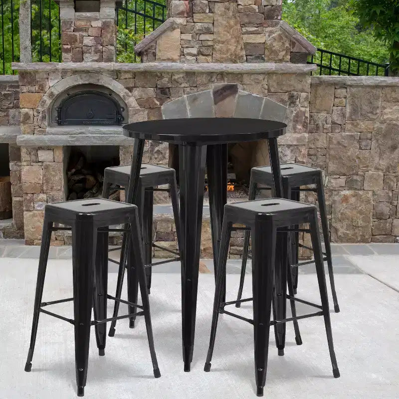 Flash Furniture Commercial Grade 30 Round Metal Indoor-Outdoor Bar Table Set with 4 Square Seat Backless Stools