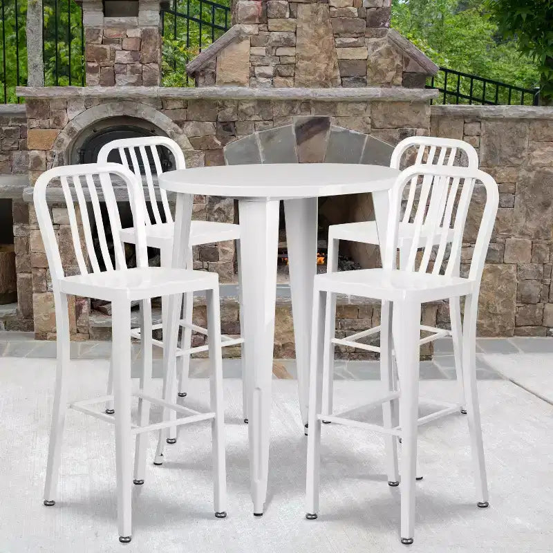 Ensemble table de bar ronde en métal de 30 po de qualité commerciale Flash Furniture pour l'intérieur et l'extérieur avec 4 tabourets à dossier à barreaux verticaux