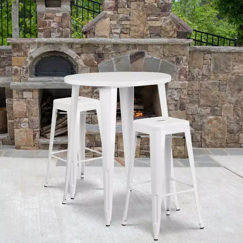 Flash Furniture Commercial Grade 30 Round Metal Indoor-Outdoor Bar Table Set with 2 Square Seat Backless Stools