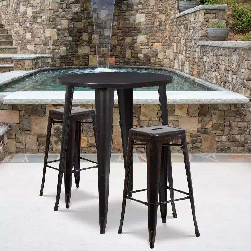 Flash Furniture Commercial Grade 30 Round Metal Indoor-Outdoor Bar Table Set with 2 Square Seat Backless Stools