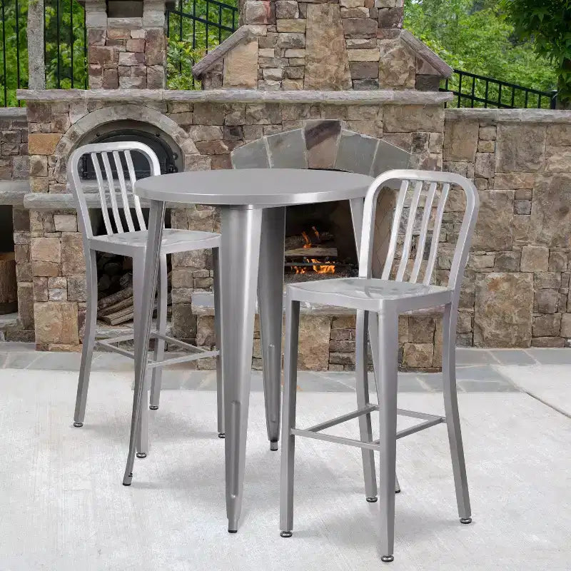 Flash Furniture Commercial Grade 30 Round Metal Indoor-Outdoor Bar Table Set with 2 Vertical Slat Back Stools