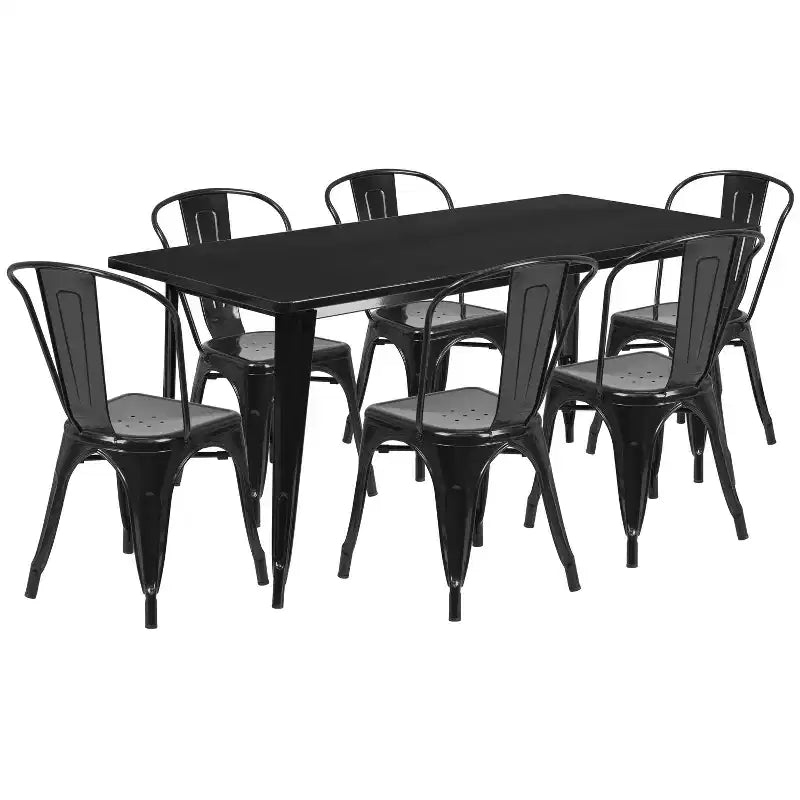 Flash Furniture Commercial Grade Ensemble de Table Rectangulaire en Métal 31,5 x 63 cm pour Intérieur-Extérieur avec 6 Chaises Empilables