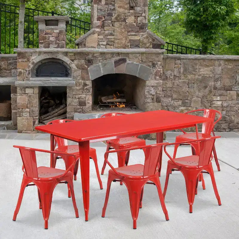 Flash Furniture Commercial Grade 31.5 x 63 Rectangular Metal Indoor-Outdoor Table Set with 6 Arm Chairs