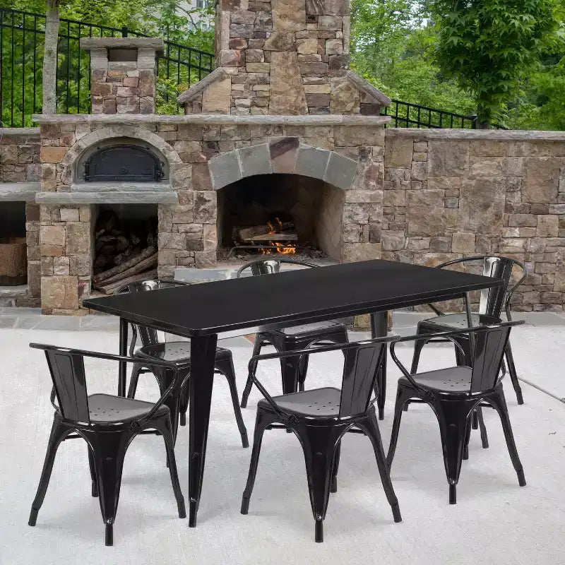 Flash Furniture Commercial Grade 31.5 x 63 Rectangular Metal Indoor-Outdoor Table Set with 6 Arm Chairs