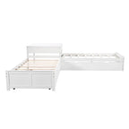 Letto a piattaforma a L moderno bianco per cameretta, dimensioni singole, con letto estraibile e cassetti