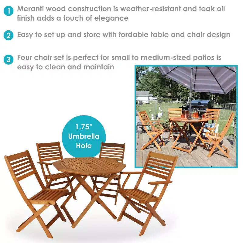 Sunnydaze Outdoor Meranti Wood with Teak Oil Finish Folding Patio Dining Table and Chairs - Brown - 5pc