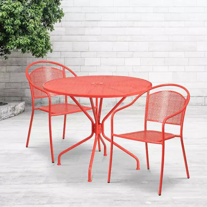 Flash Furniture Oia Ensemble de table de patio en acier rond de 35,25 po de qualité commerciale pour l'intérieur et l'extérieur avec 2 chaises à dossier rond