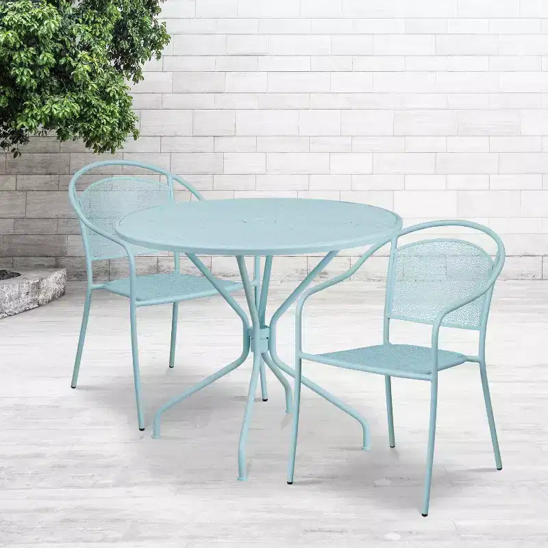 Flash Furniture Oia Ensemble de table de patio en acier rond de 35,25 po de qualité commerciale pour l'intérieur et l'extérieur avec 2 chaises à dossier rond