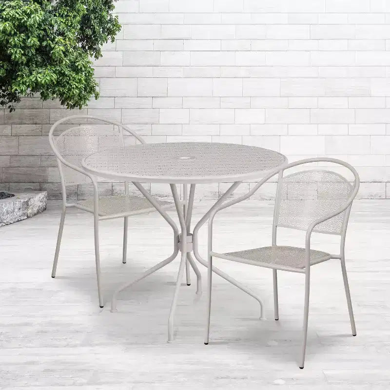 Flash Furniture Oia Ensemble de table de patio en acier rond de 35,25 po de qualité commerciale pour l'intérieur et l'extérieur avec 2 chaises à dossier rond
