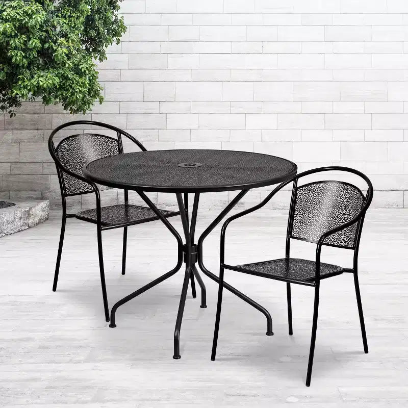 Flash Furniture Oia Ensemble de table de patio en acier rond de 35,25 po de qualité commerciale pour l'intérieur et l'extérieur avec 2 chaises à dossier rond