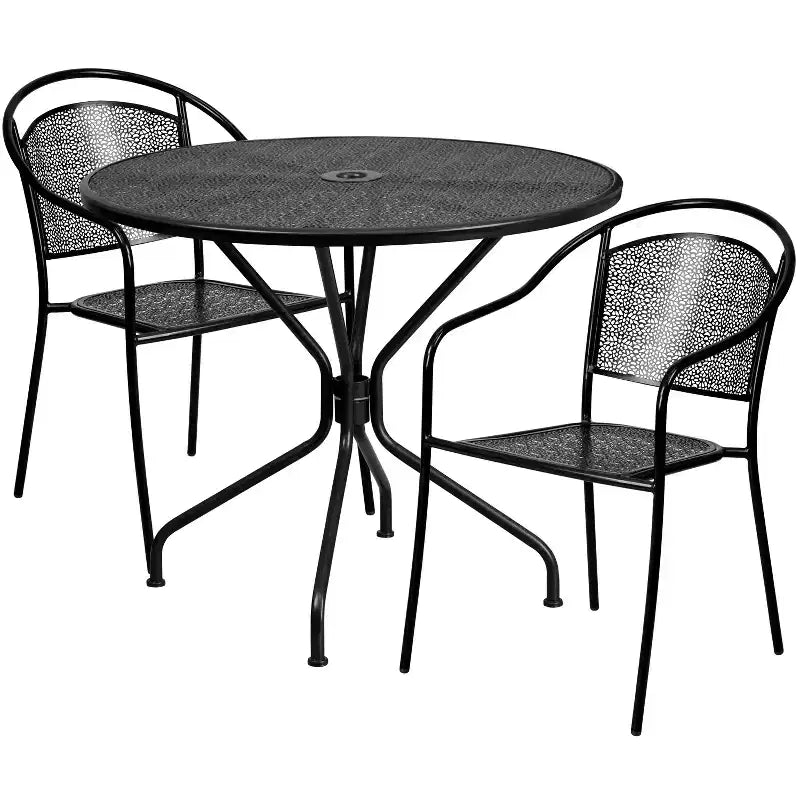 Flash Furniture Oia Ensemble de table de patio en acier rond de 35,25 po de qualité commerciale pour l'intérieur et l'extérieur avec 2 chaises à dossier rond