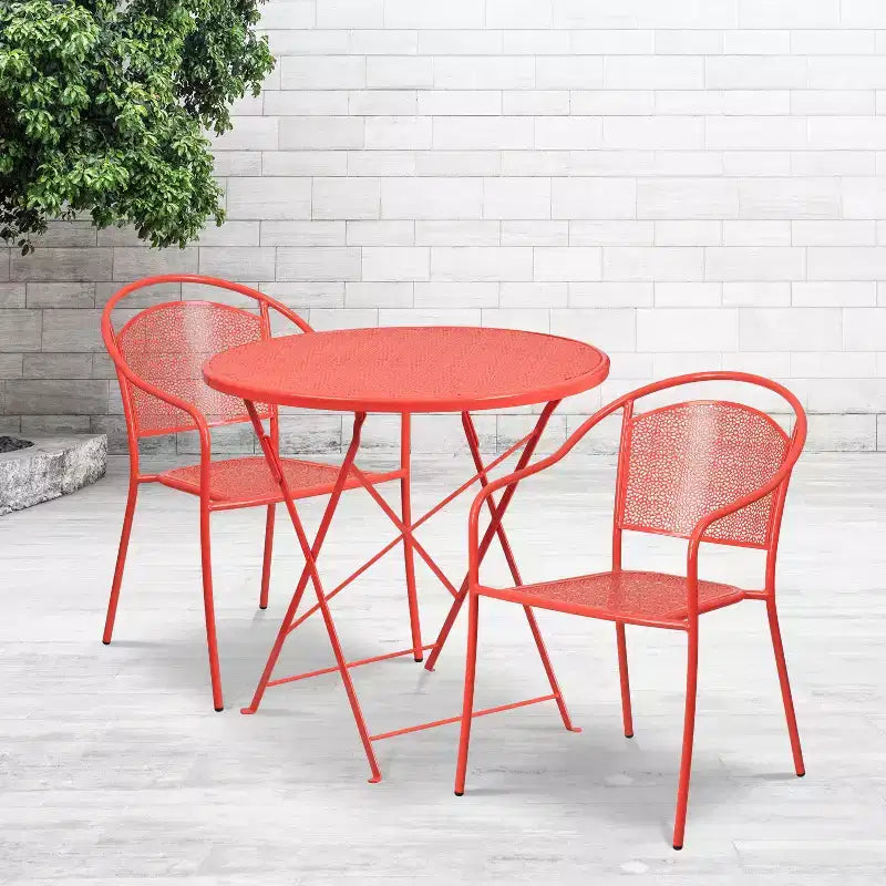 Ensemble de table de patio pliable ronde en acier Oia de qualité commerciale Flash Furniture de 76,2 cm pour l'intérieur et l'extérieur avec 2 chaises à dossier rond