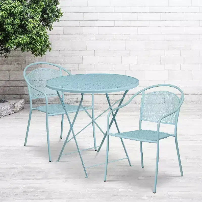 Ensemble de table de patio pliable ronde en acier Oia de qualité commerciale Flash Furniture de 76,2 cm pour l'intérieur et l'extérieur avec 2 chaises à dossier rond