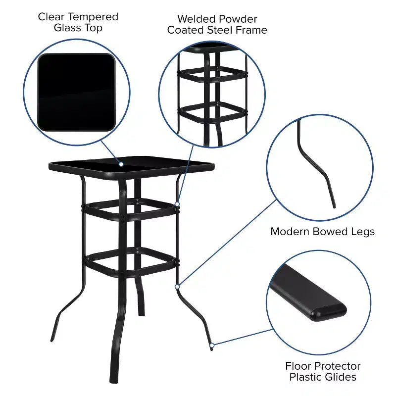 Ensemble table de bar et 2 tabourets d'extérieur Emma et Oliver – Table de bar en verre pour patio – Tabourets de bar noirs tout temps
