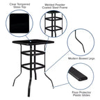 Ensemble table de bar et 2 tabourets d'extérieur Emma et Oliver – Table de bar en verre pour patio – Tabourets de bar noirs tout temps
