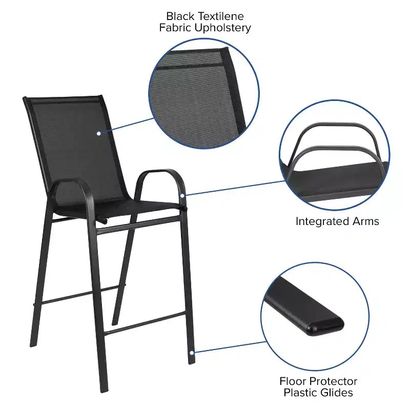 Ensemble table de bar et 2 tabourets d'extérieur Emma et Oliver – Table de bar en verre pour patio – Tabourets de bar noirs tout temps
