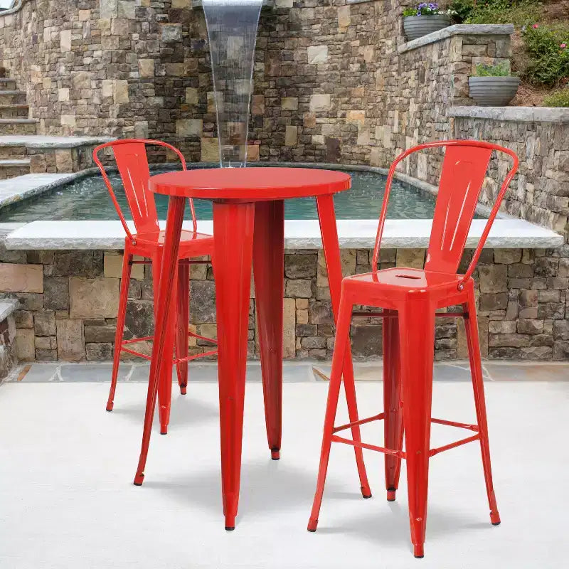 Emma and Oliver Commercial Grade 24 Round Metal Indoor-Outdoor Bar Table Set with 2 Cafe Stools