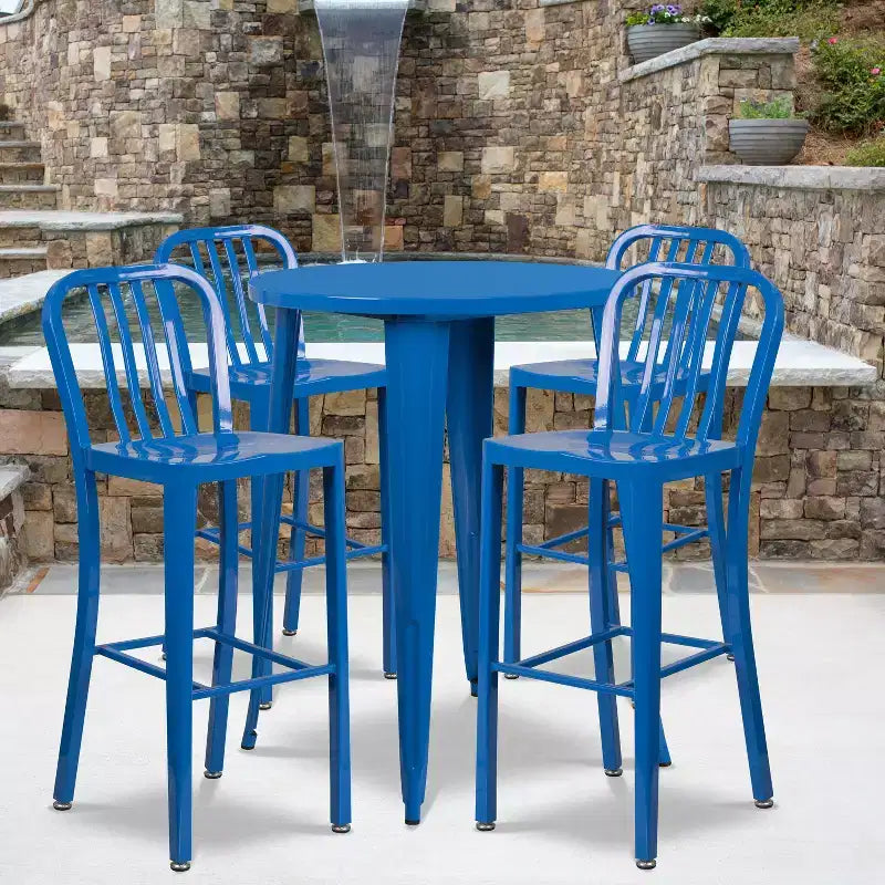 Emma and Oliver Commercial 30 Round Metal Indoor-Outdoor Bar Table Set & 4 Slat Back Stools