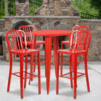 Emma and Oliver Commercial 30 Round Metal Indoor-Outdoor Bar Table Set & 4 Slat Back Stools