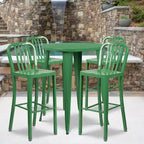 Emma and Oliver Commercial 30 Round Metal Indoor-Outdoor Bar Table Set & 4 Slat Back Stools