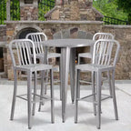Emma and Oliver Commercial 30 Round Metal Indoor-Outdoor Bar Table Set & 4 Slat Back Stools
